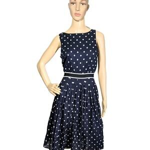 Talbots Women's Size 8 Fit And Flare Polka Dot Dress Sleeveless Navy Cotton